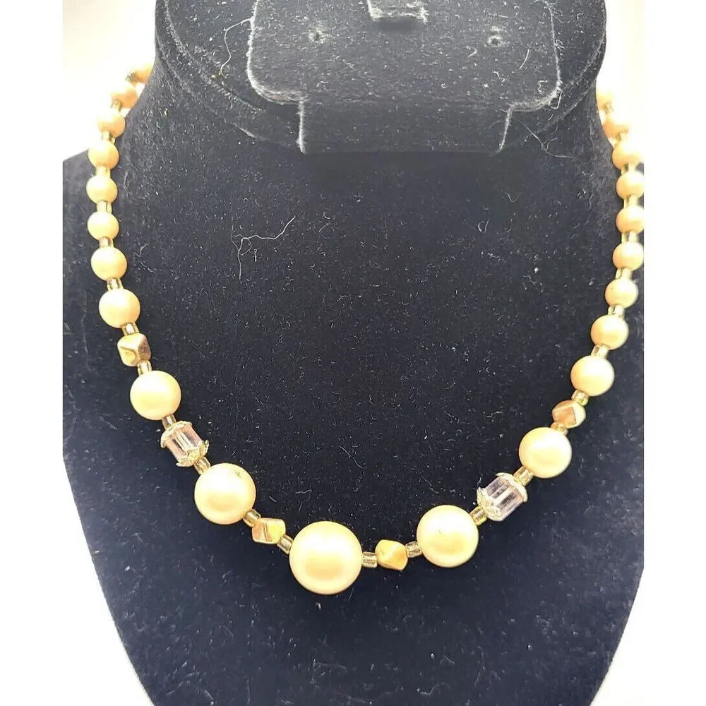 Vintage Hollywood Victorian Revival Faux Pearl Beaded Crystal Necklace 16in